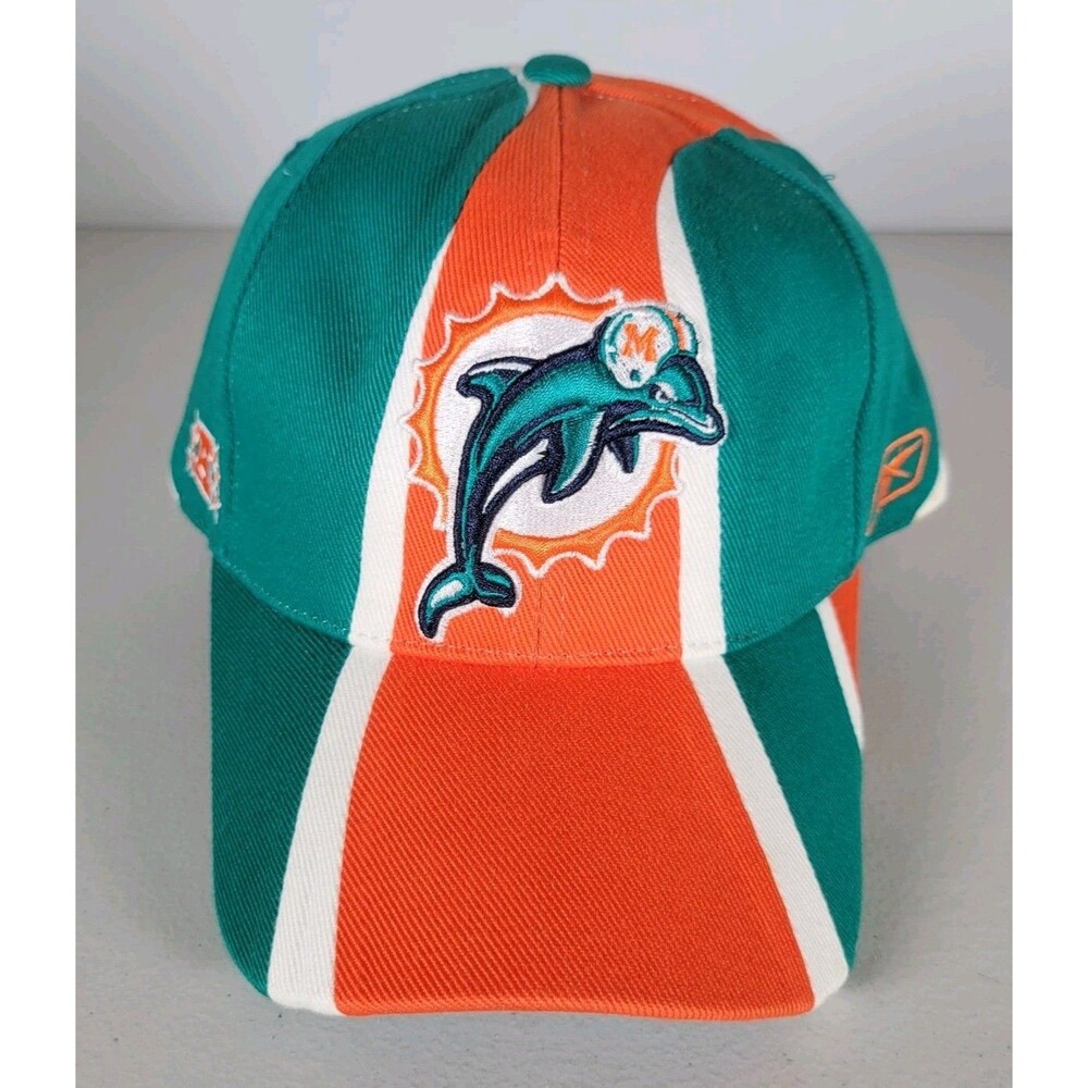 Vintage Reebok NFL Miami Dolphins Strapback Hat ColorBlock Striped Retro Cap